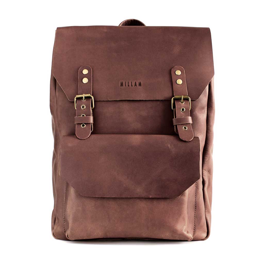 Mochila Mujer Hombre Cuero Marrón con Hebillas