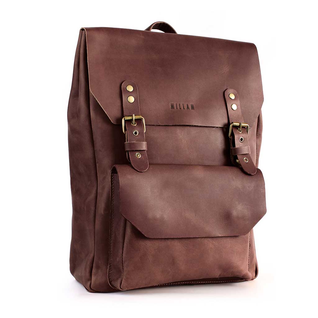 Mochila Mujer Hombre Cuero Marrón con Hebillas