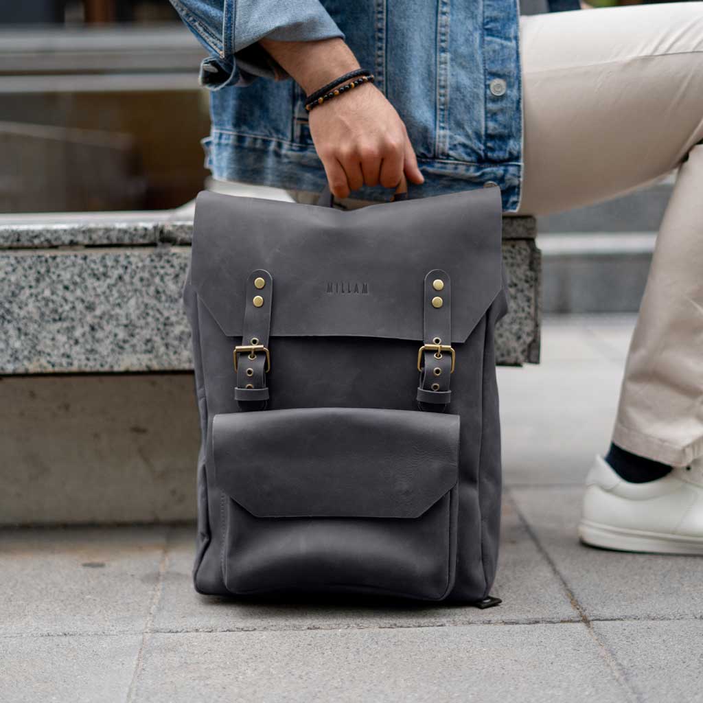 Mochila Hombre Mujer Mochila Negra Cuero con Hebillas