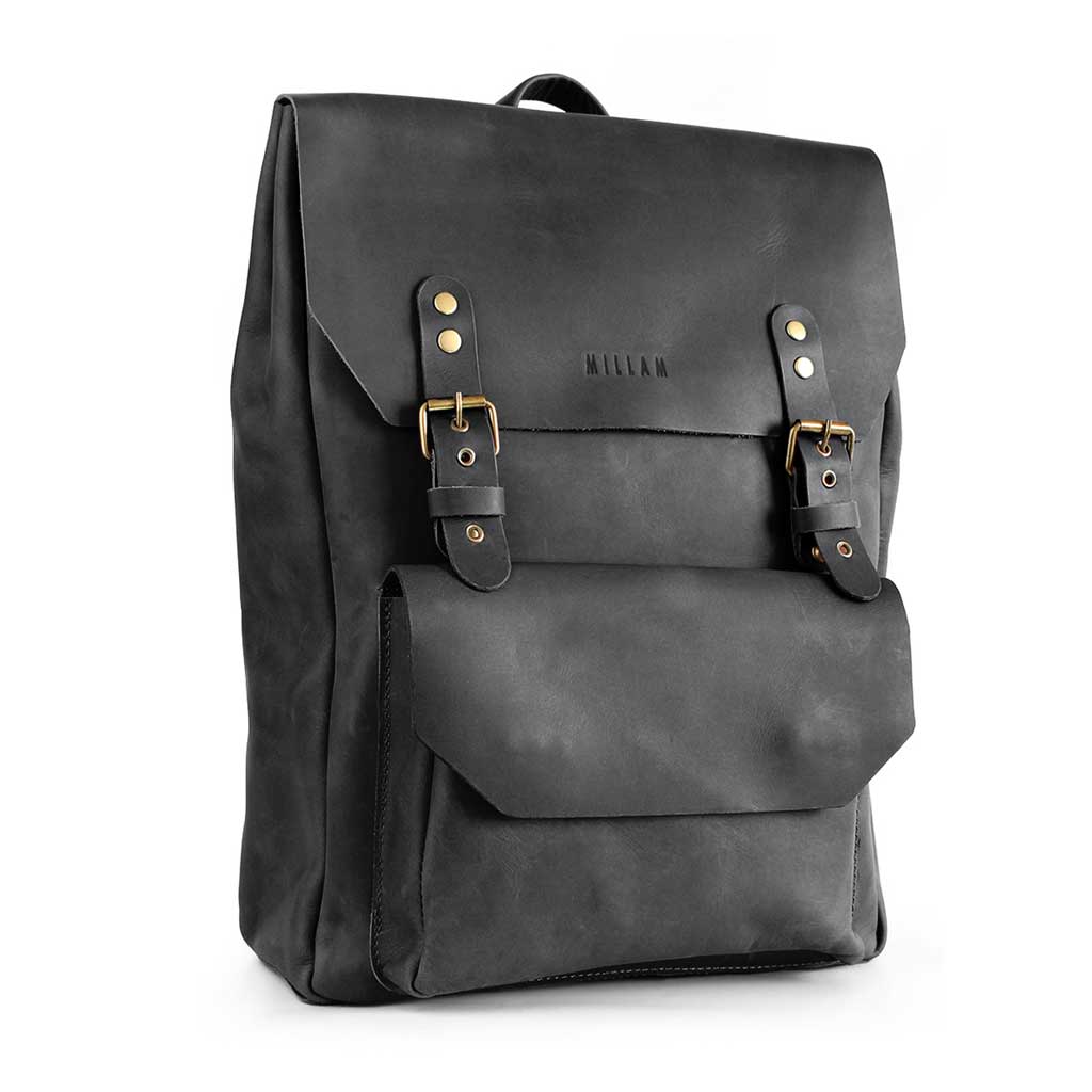 Mochila Hombre Mujer Mochila Negra Cuero con Hebillas