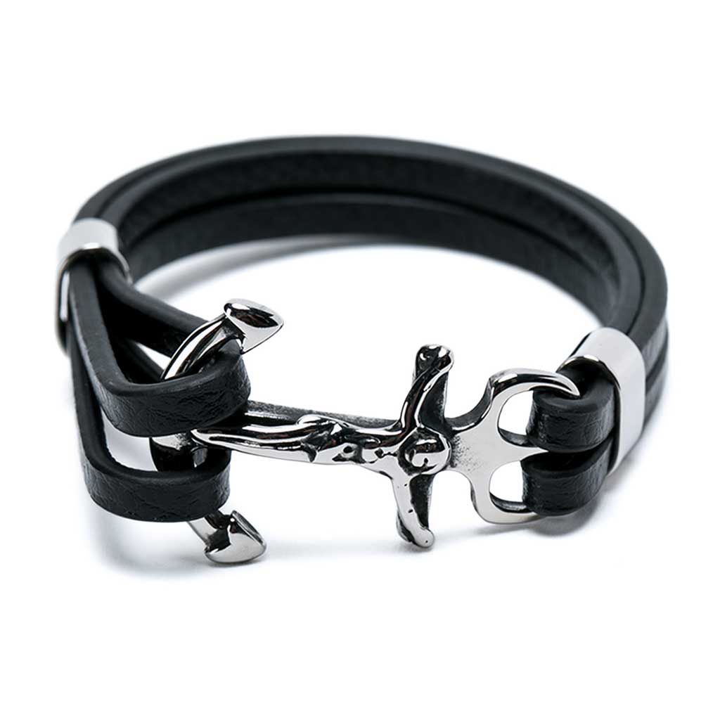 Pulsera de Cuero Negro con Ancla y Crucifijo Plateado