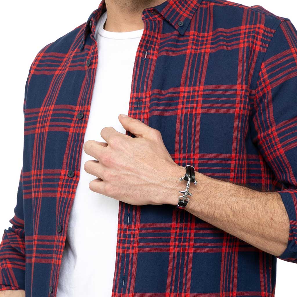 Pulsera de Cuero Negro con Ancla y Crucifijo Plateado