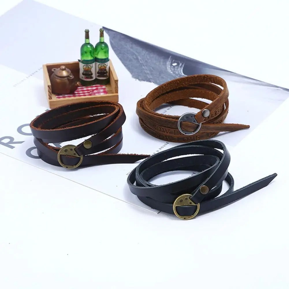 Pulseras De Cuero Larga Vintage Hombre Mujer Negra