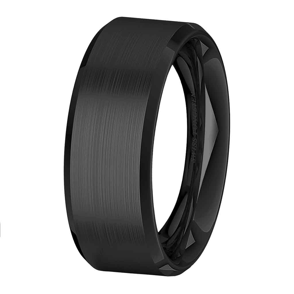 Anillo Negro Acero Liso Biselado Hombre Mujer
