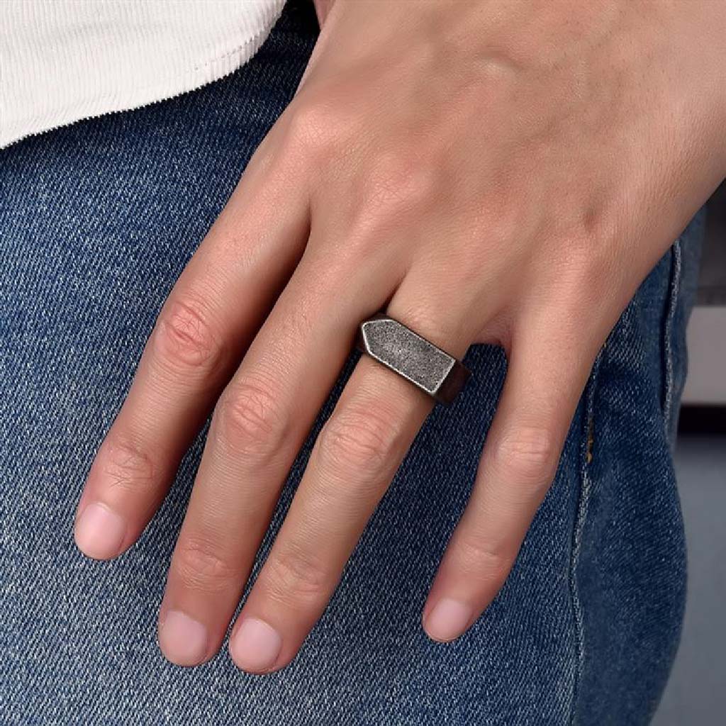 Anillos Hombre Plateado Envejecido Plano Sello Flecha