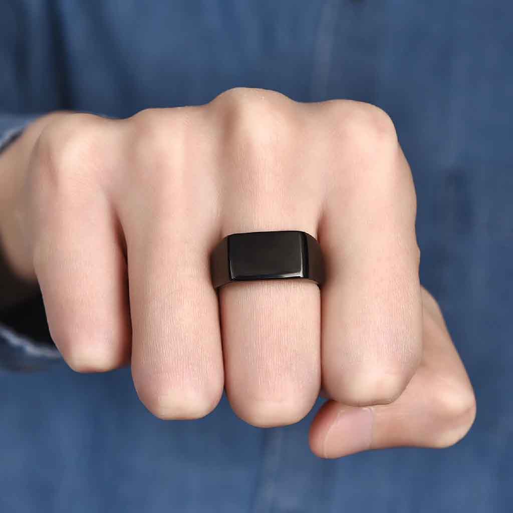 Anillo Hombre Plano tipo Sello Rectangular Negro