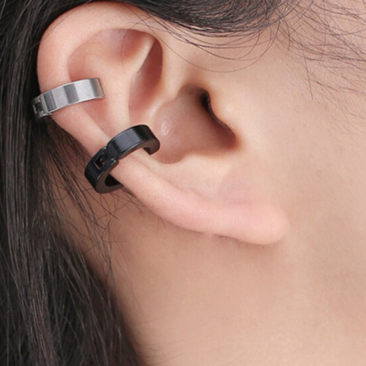 Pack 2 Pares Aros Argollas a Presión Plateadas y Negras