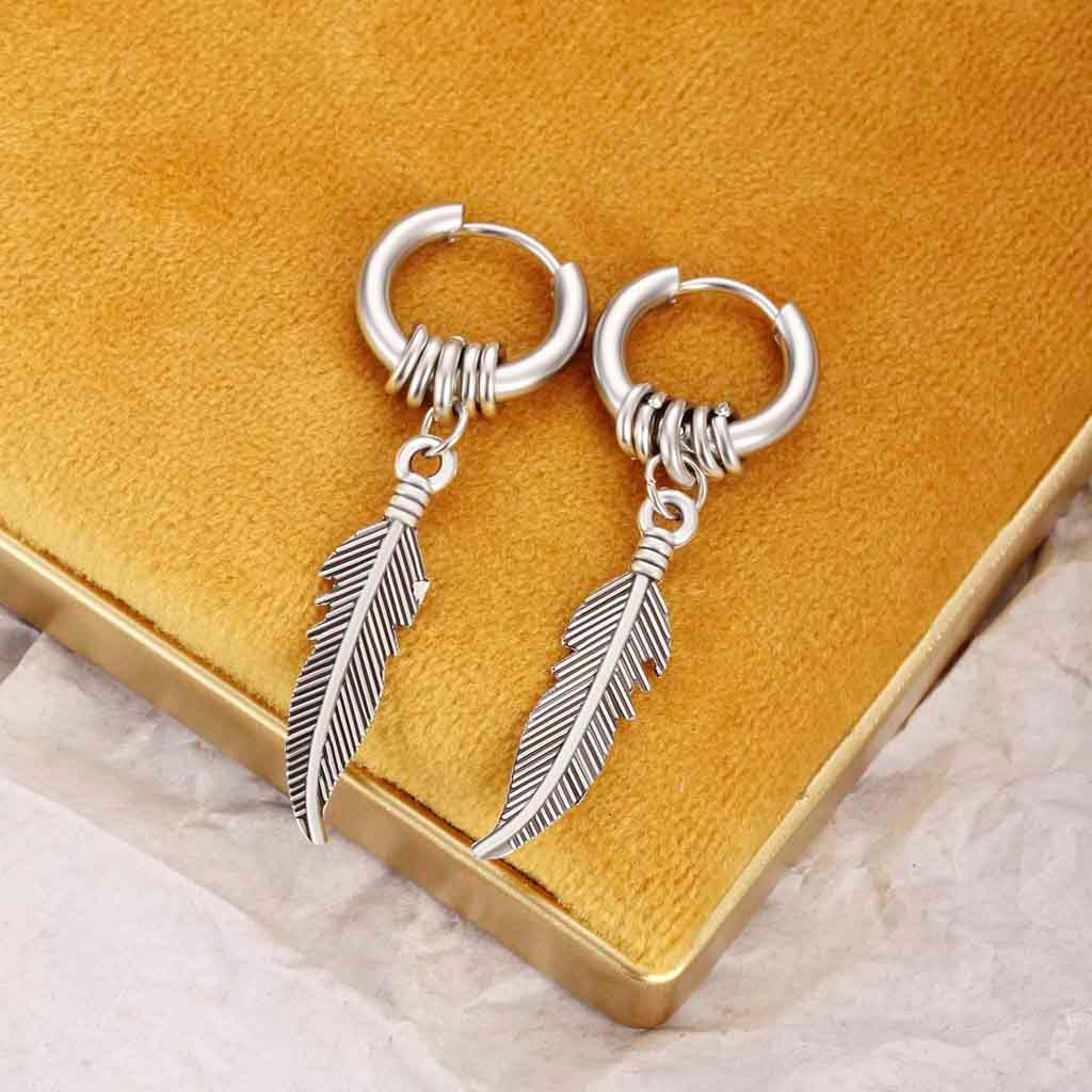 Aros Mujer Hombre Argolla Pluma Colgante Plata