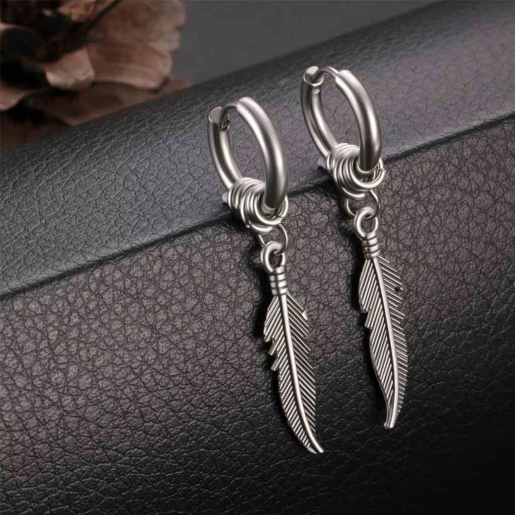 Aros Mujer Hombre Argolla Pluma Colgante Plata