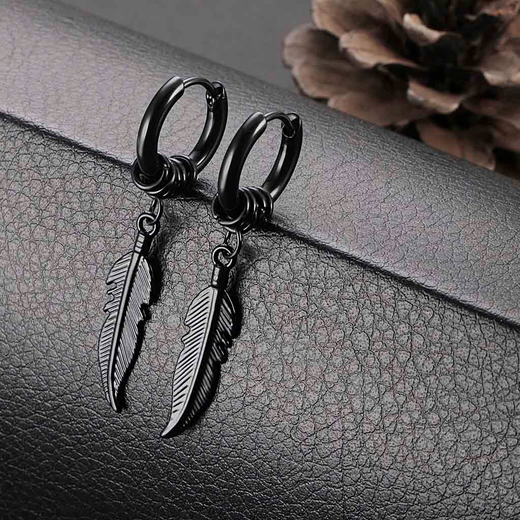 Aros Argolla Mujer Hombre Colgantes Pluma Negro