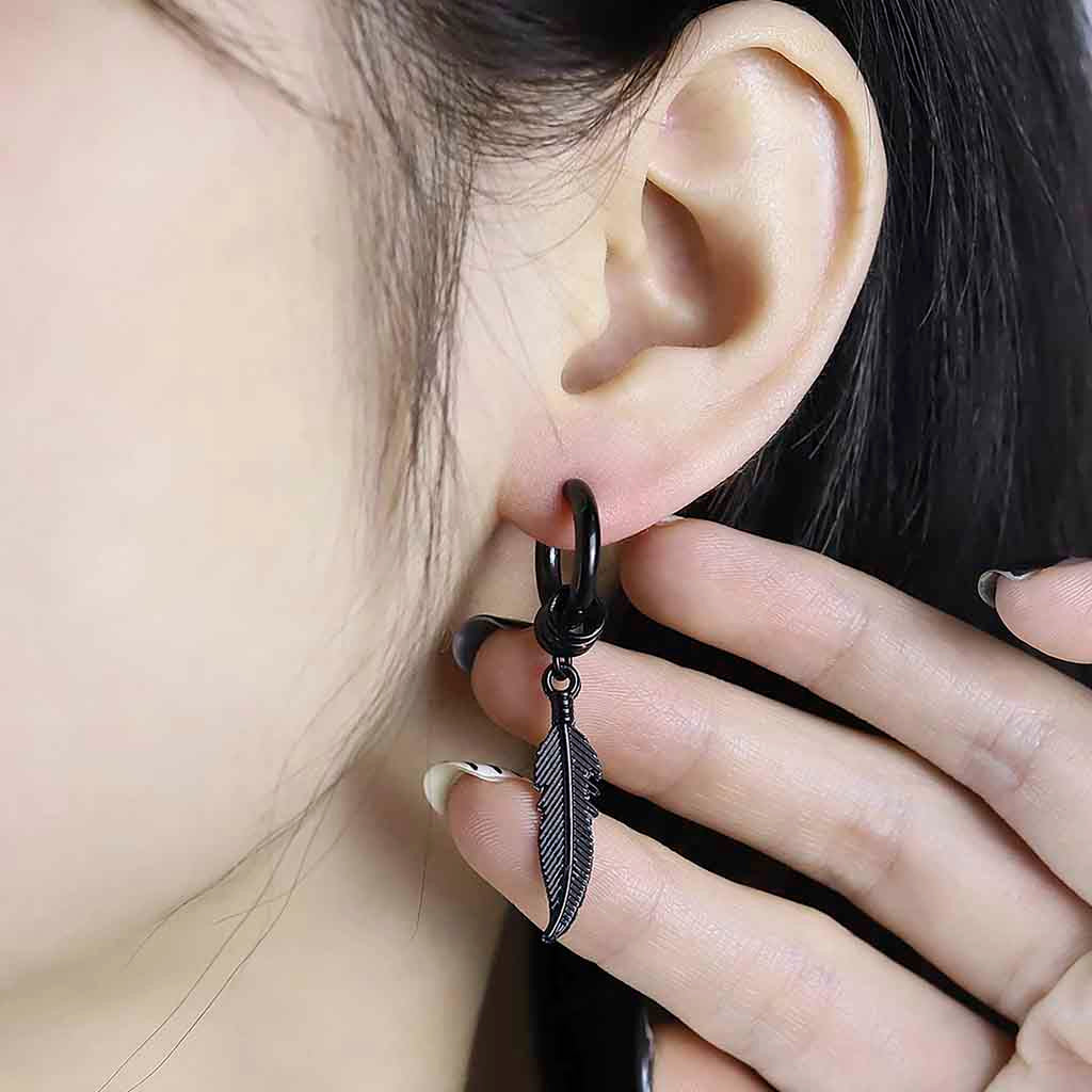 Aros Argolla Mujer Hombre Colgantes Pluma Negro