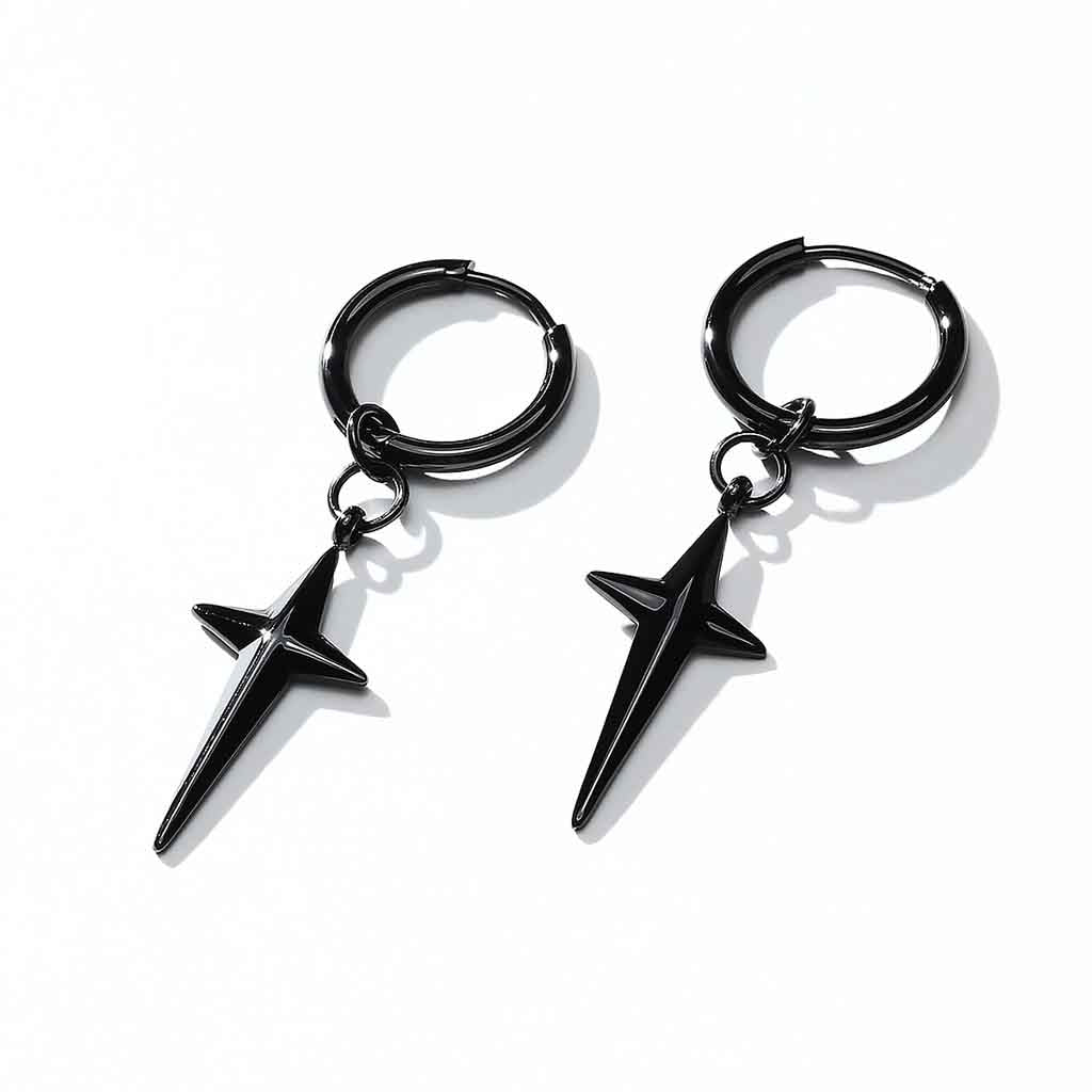 Aros Mujer Hombre Argolla Acero Estrella Negro Par