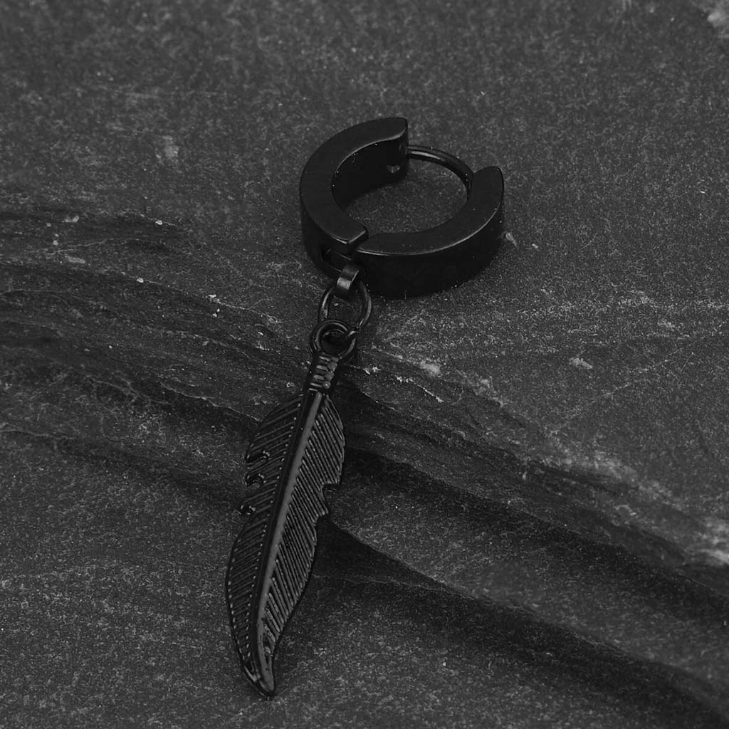 Aro Argolla Huggie Acero Negro con Pluma