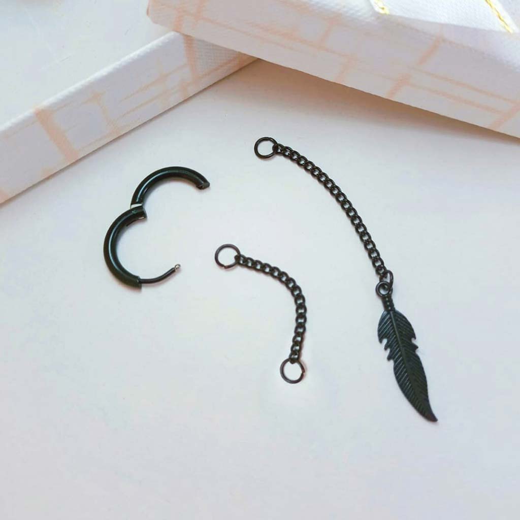 Aro Argolla Piercing Acero Negro Cadena y Pluma Colgante