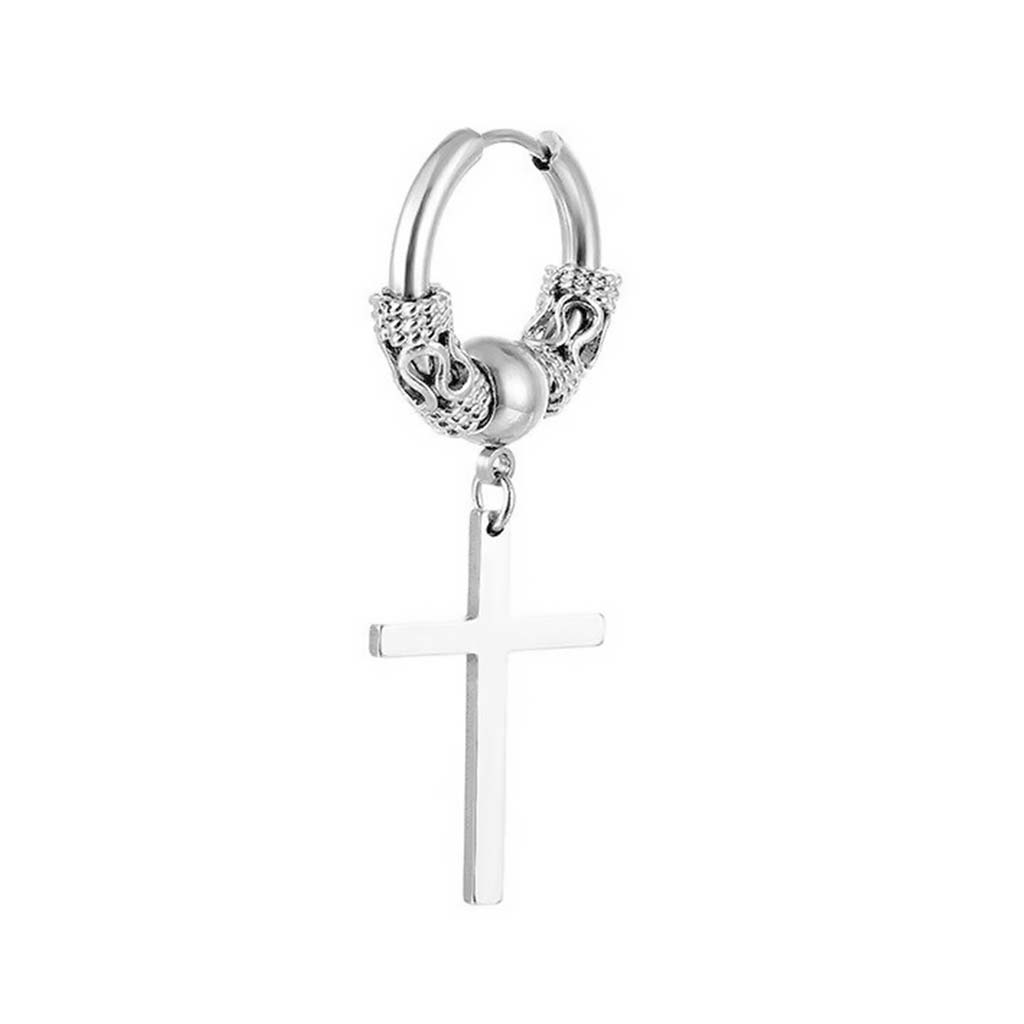 Aro Acero Argolla color Plata con Cruz y Dijes