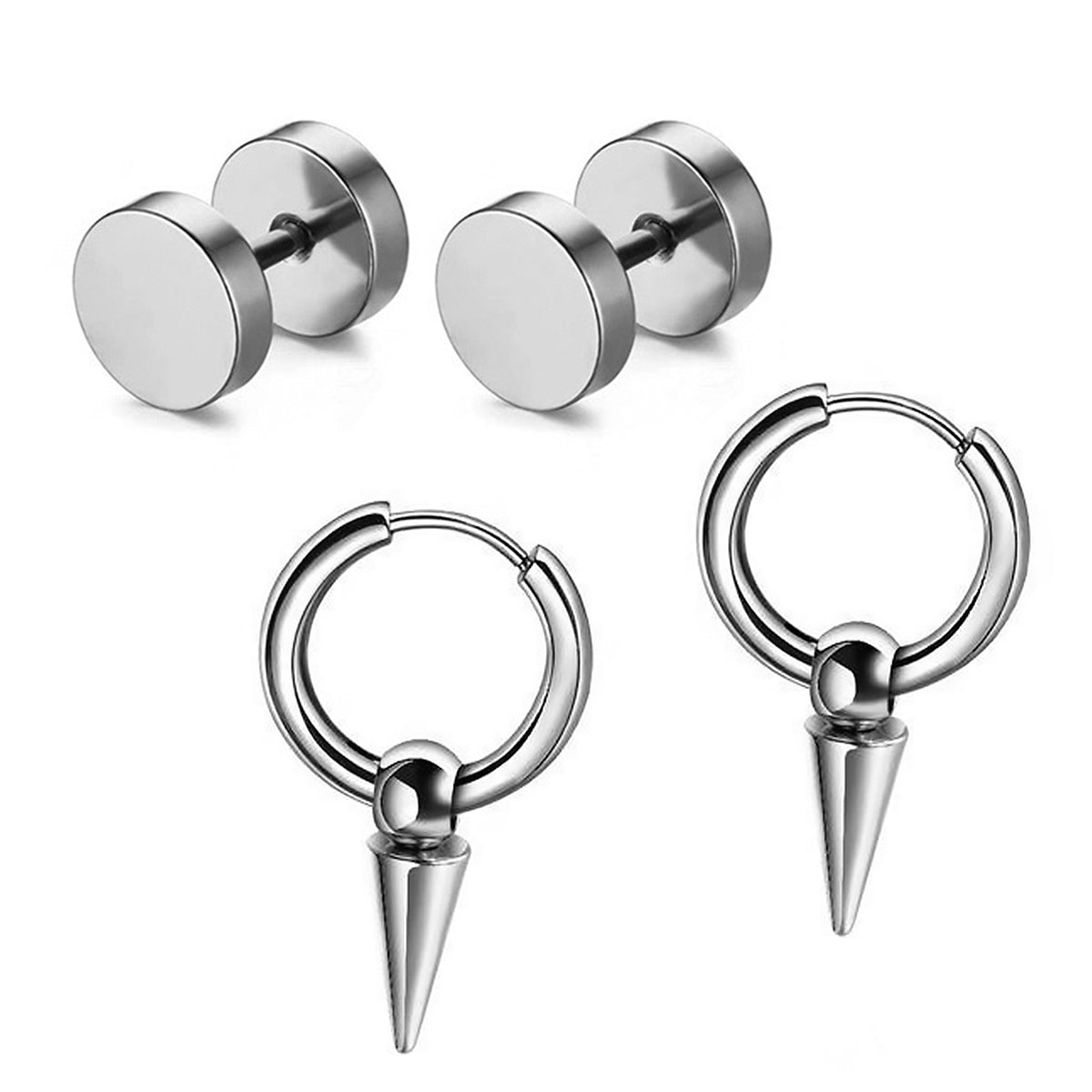 Pack 2 Pares Aros Argollas con espina y Túnel Plateado