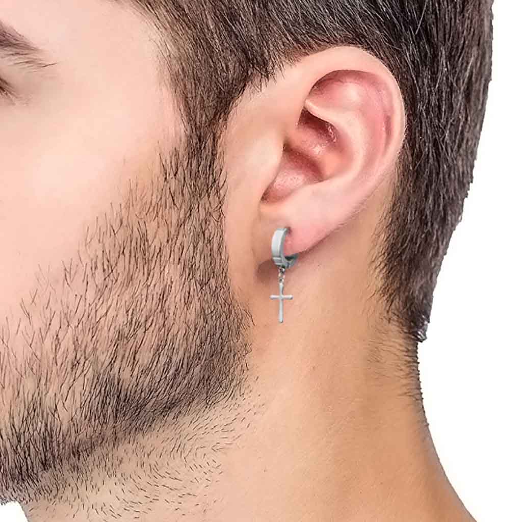 Aros Hombre Cruz Punk Color Plata Moda Juvenil
