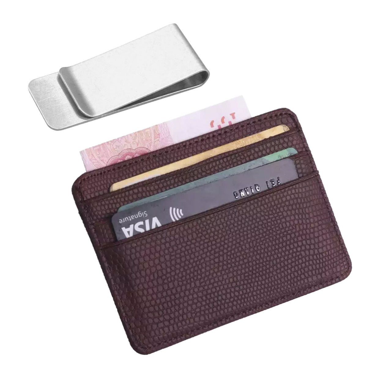 Pack Tarjetero Doble Cara Café y Clip para Billetes Plateado