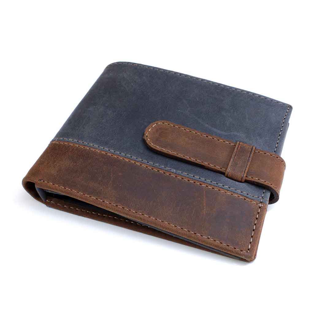 Billetera Hombre Cuero Tarjetero Azul Con Correa