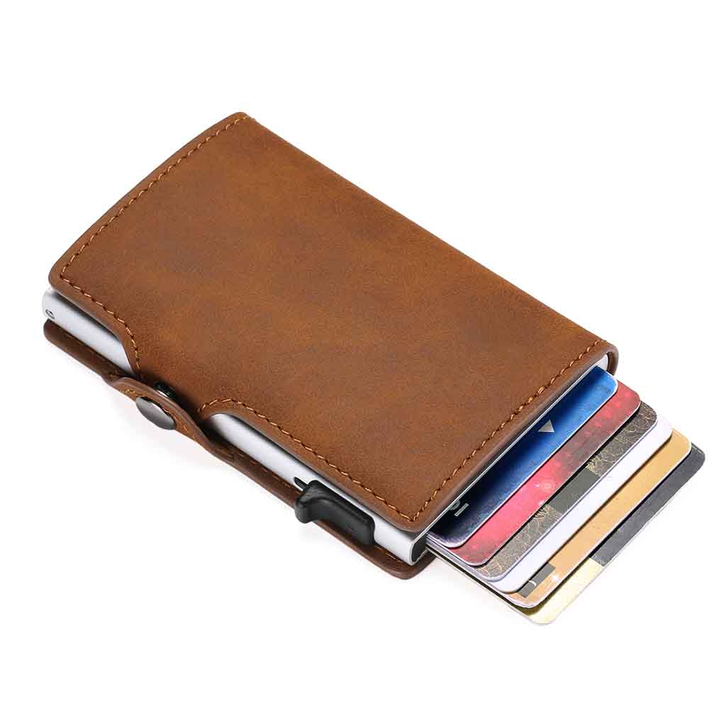 Tarjetero Billetera RIFD de Cuero Café con Broche