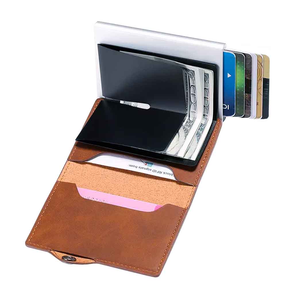 Tarjetero Billetera RIFD de Cuero Café con Broche