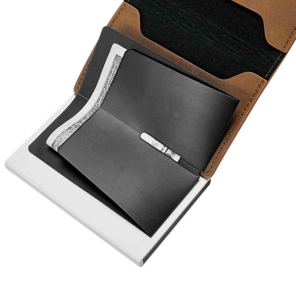 Tarjetero Billetera RIFD de Cuero Café con Broche