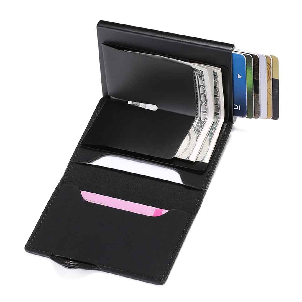 Tarjetero Billetera RIFD de Cuero Negro con Broche