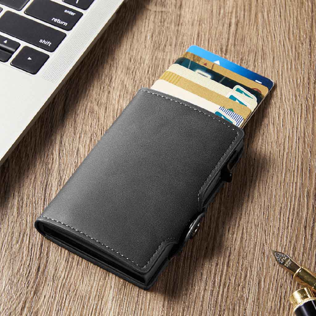 Tarjetero Billetera RIFD de Cuero Negro con Broche