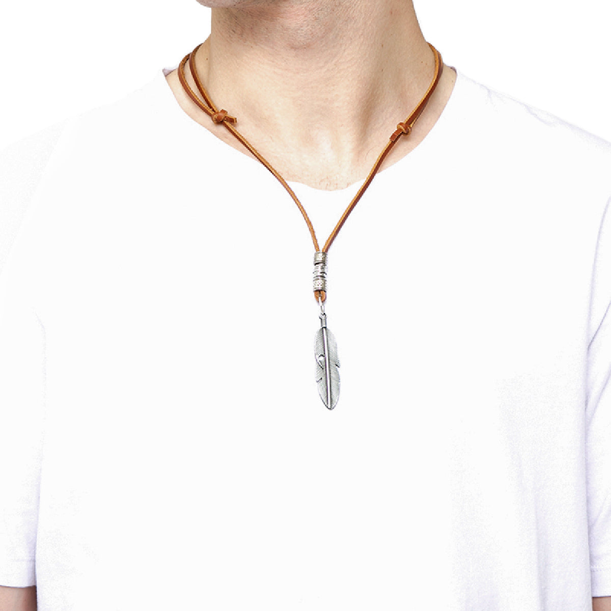 Collar De Cuero Con Pluma Plata Hombre Mujer Juvenil