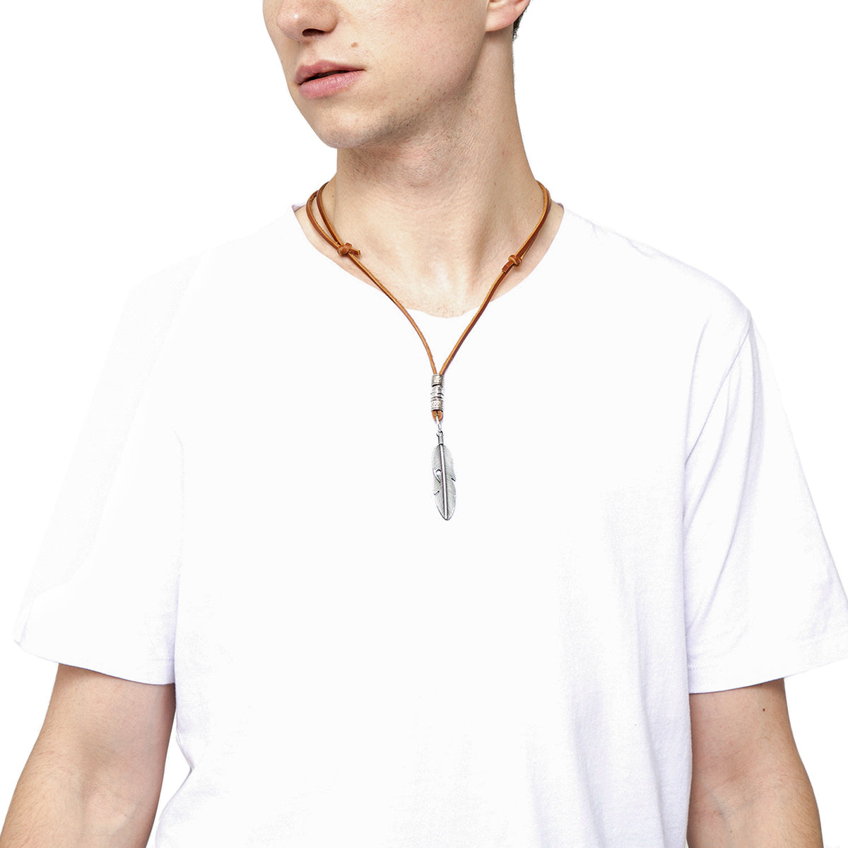 Collar De Cuero Con Pluma Plata Hombre Mujer Juvenil