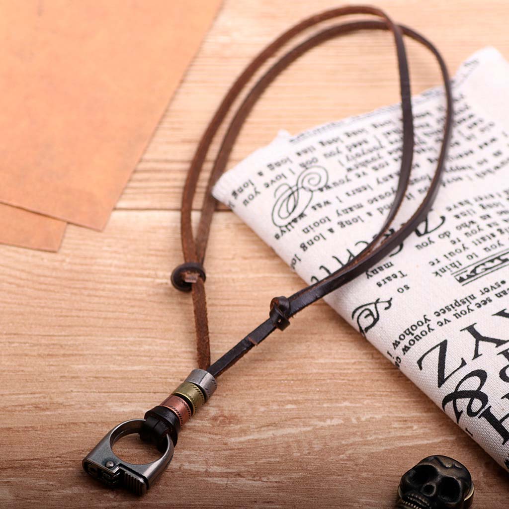 Collar de Cuero Colgantes Dije color Plata Anillo Encendedor