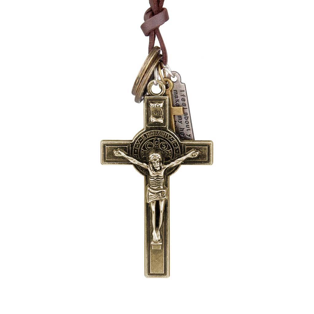 Collar de Cuero Colgantes Crucifijo Cruz Bronce con Dijes