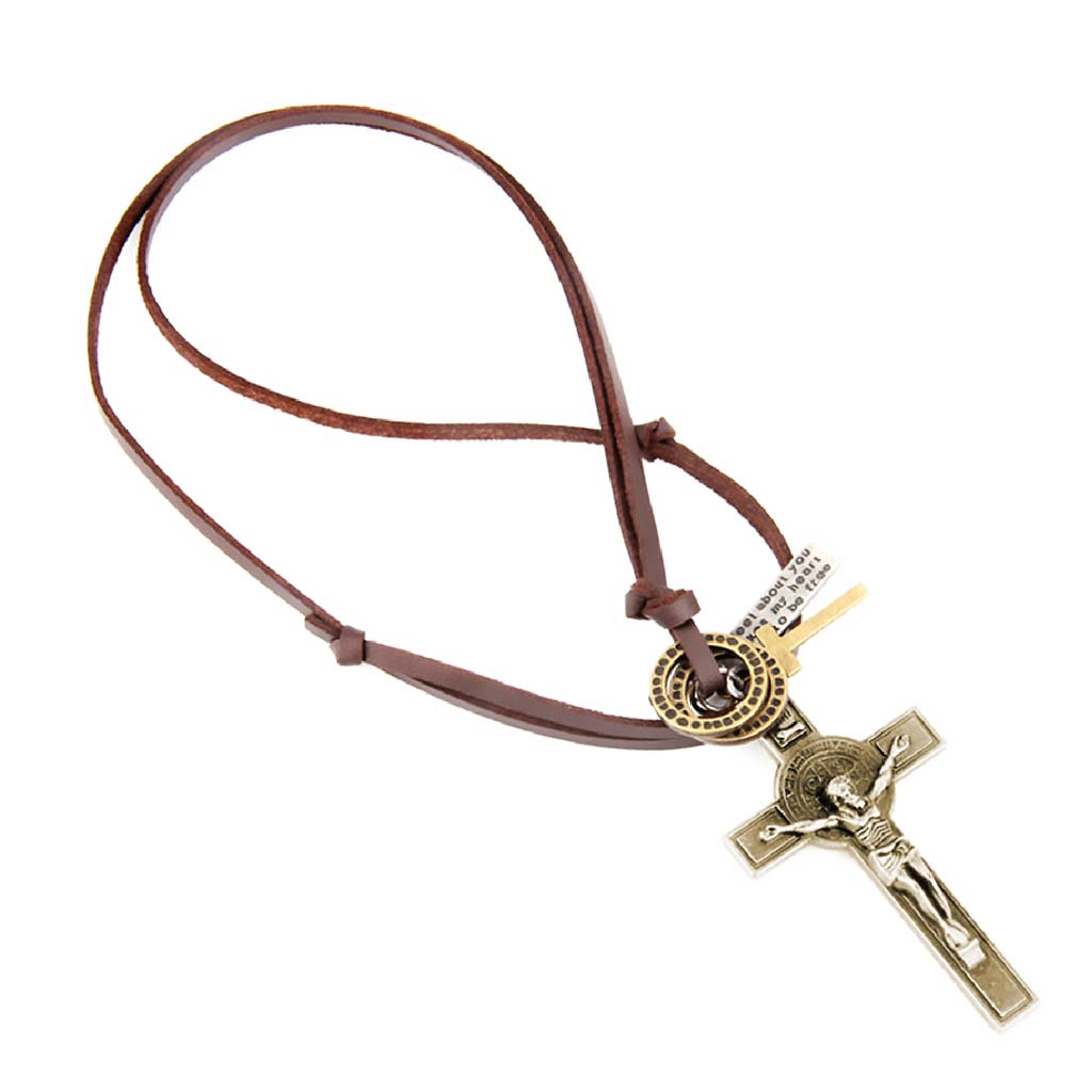 Collar de Cuero Colgantes Crucifijo Cruz Bronce con Dijes