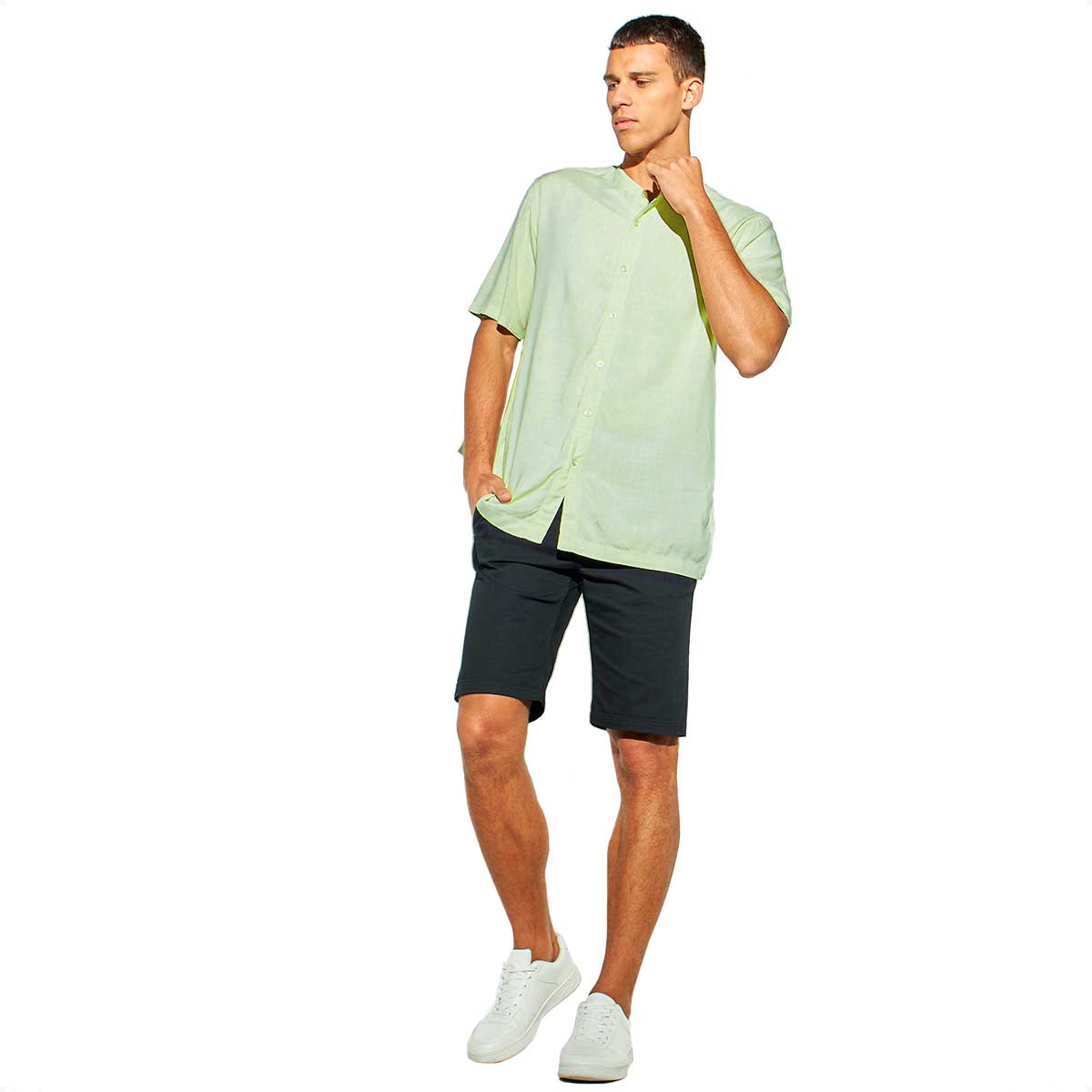 Camisa Hombre de Lino Mao Verde Manga Corta