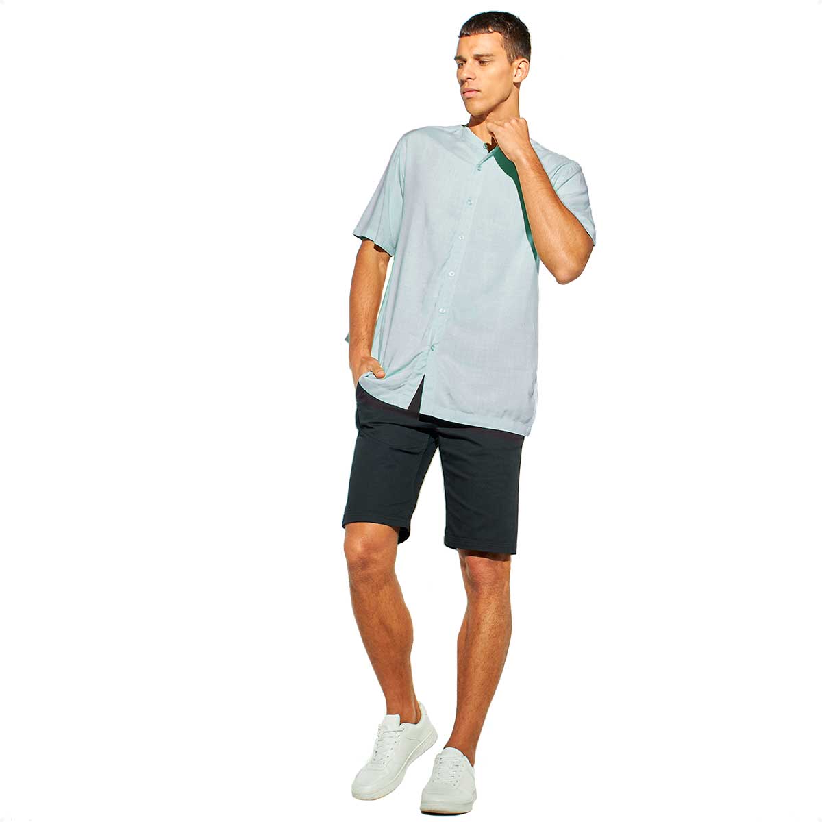 Camisa de Hombre en Lino Manga Corta Mao Celeste