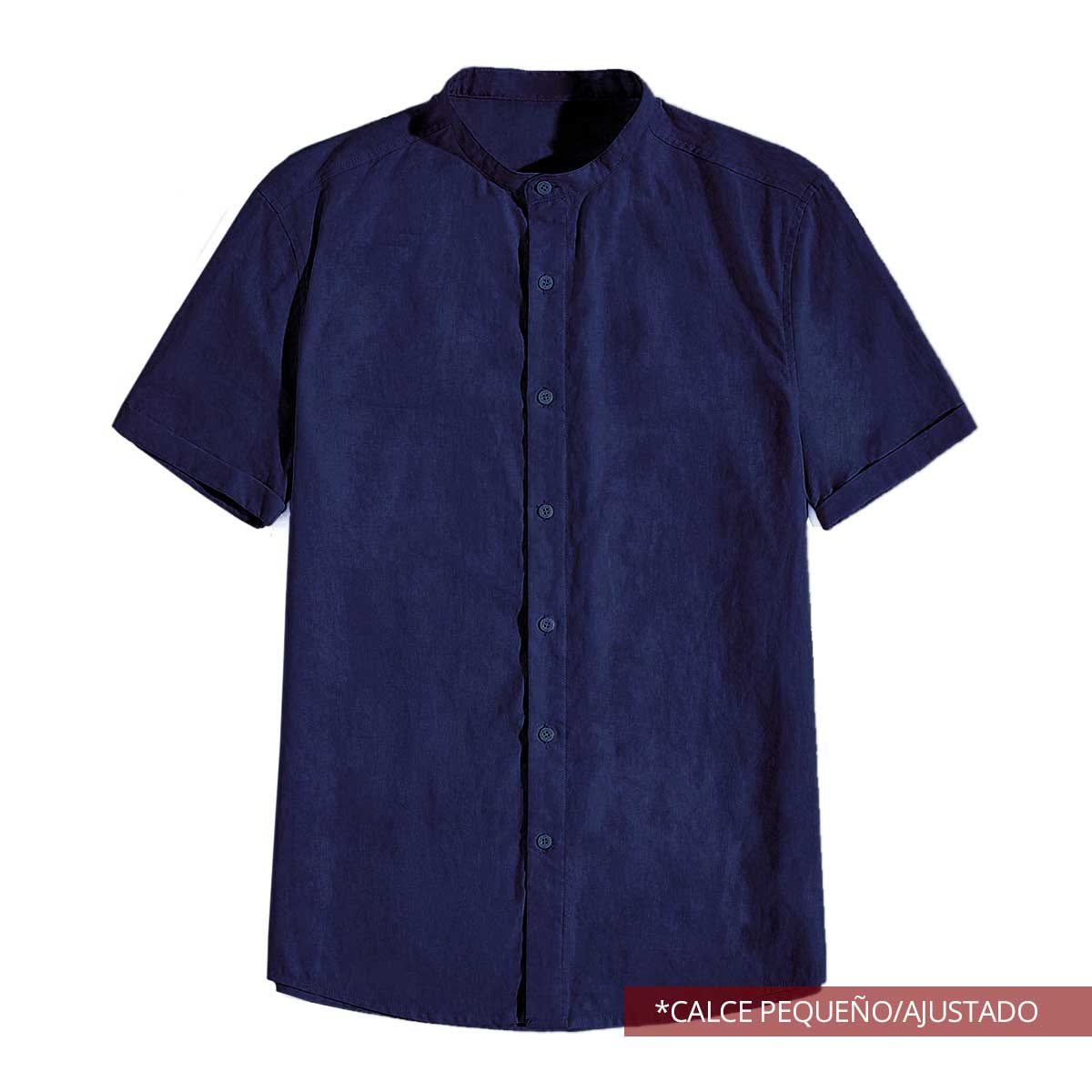 Camisas de Hombre Lino Azul Cuello Mao Manga Corta