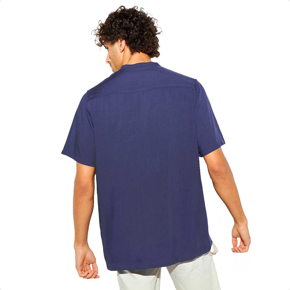 Camisas de Hombre Lino Azul Cuello Mao Manga Corta