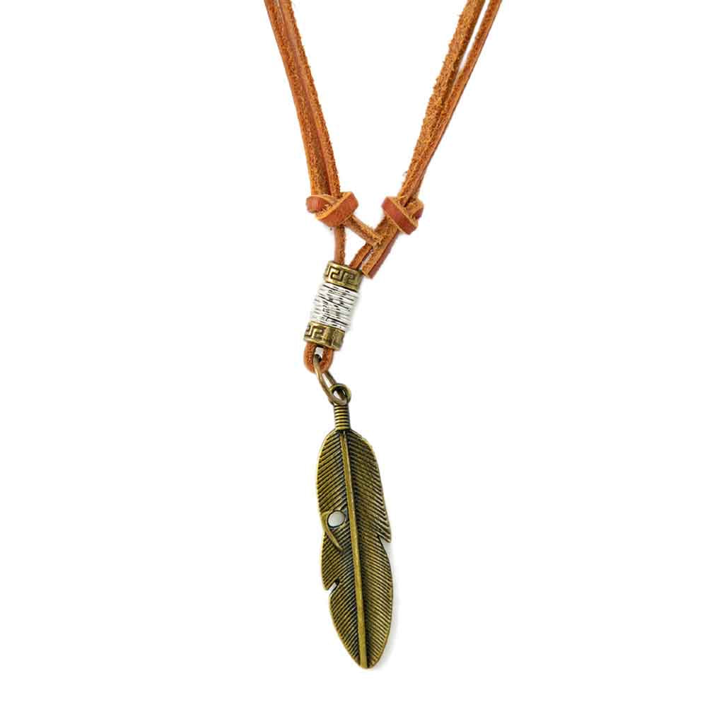 Collar De Cuero Con Pluma Bronce Hmbre Mujer Moda Juvenil