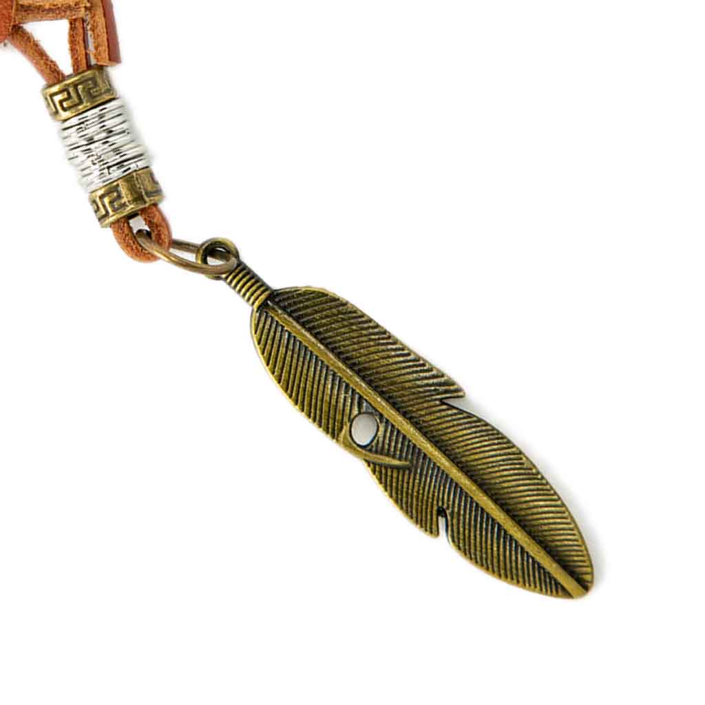 Collar De Cuero Con Pluma Bronce Hmbre Mujer Moda Juvenil