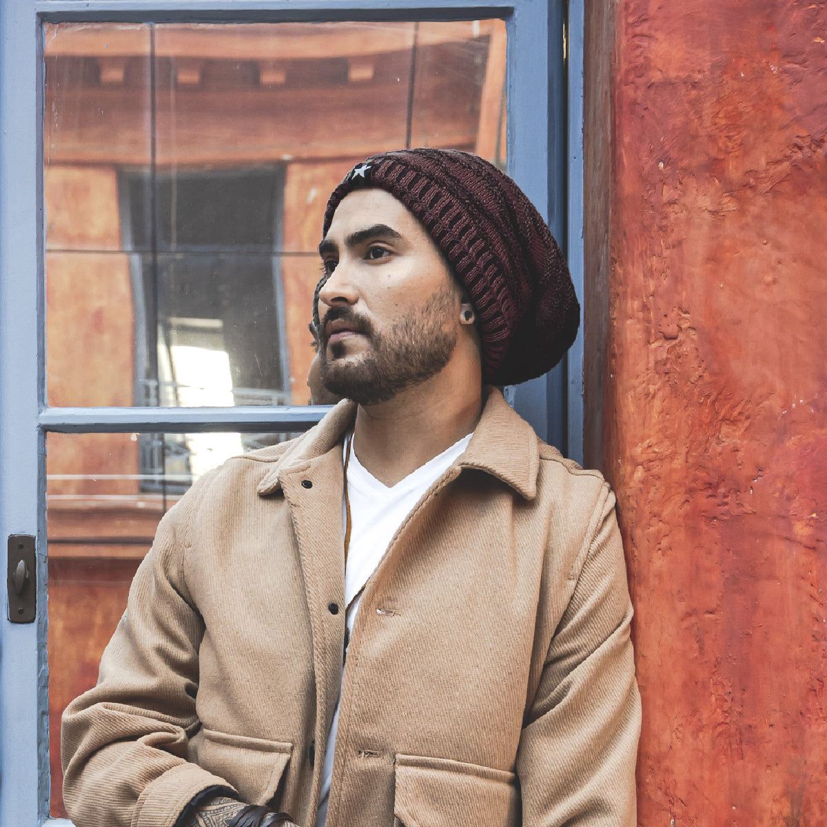 Pack x2 Gorros Tejido con Relieve y Forro Polar Burdeos y Azul