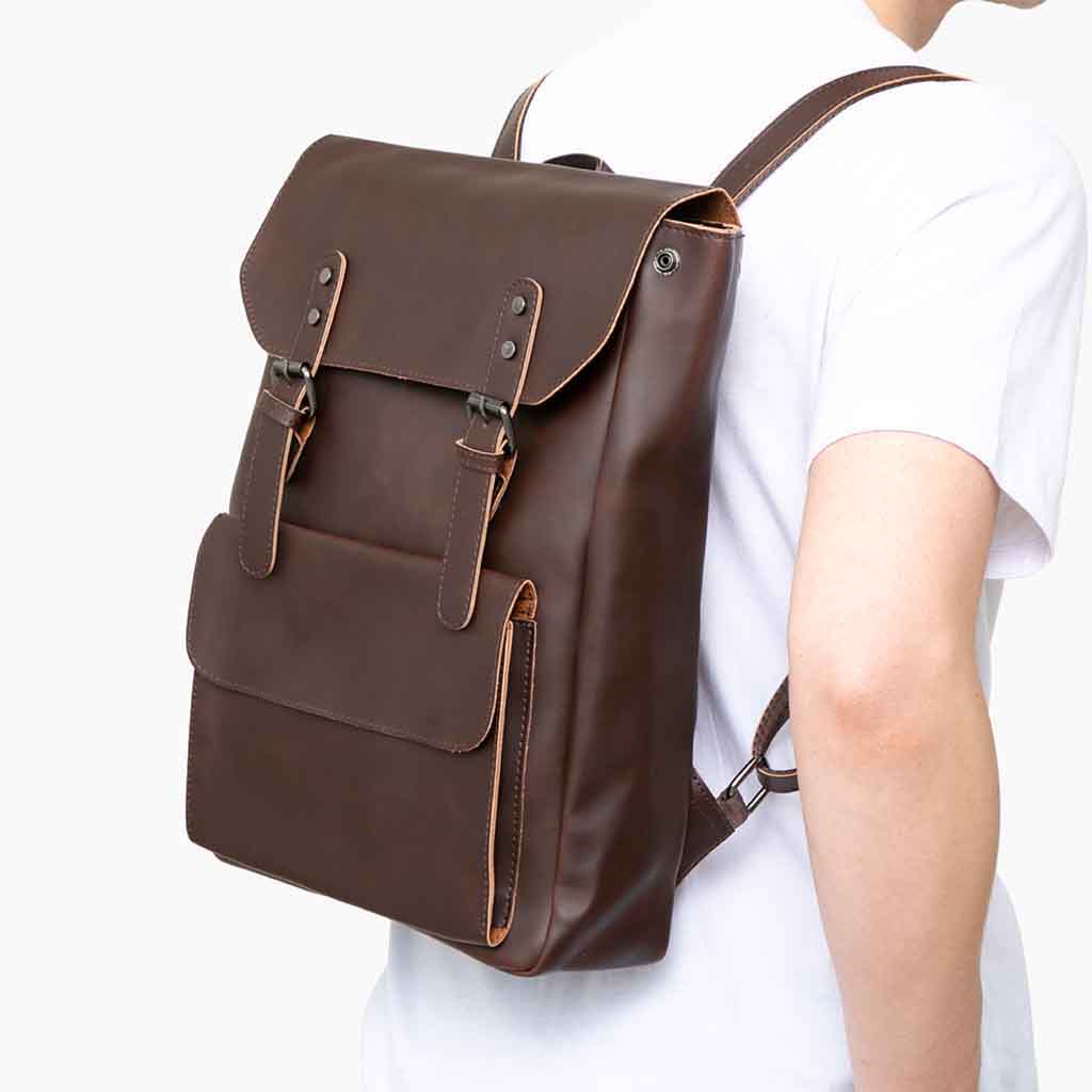 Mochila De Cuero Liso Color Marrón Hombre Mujer