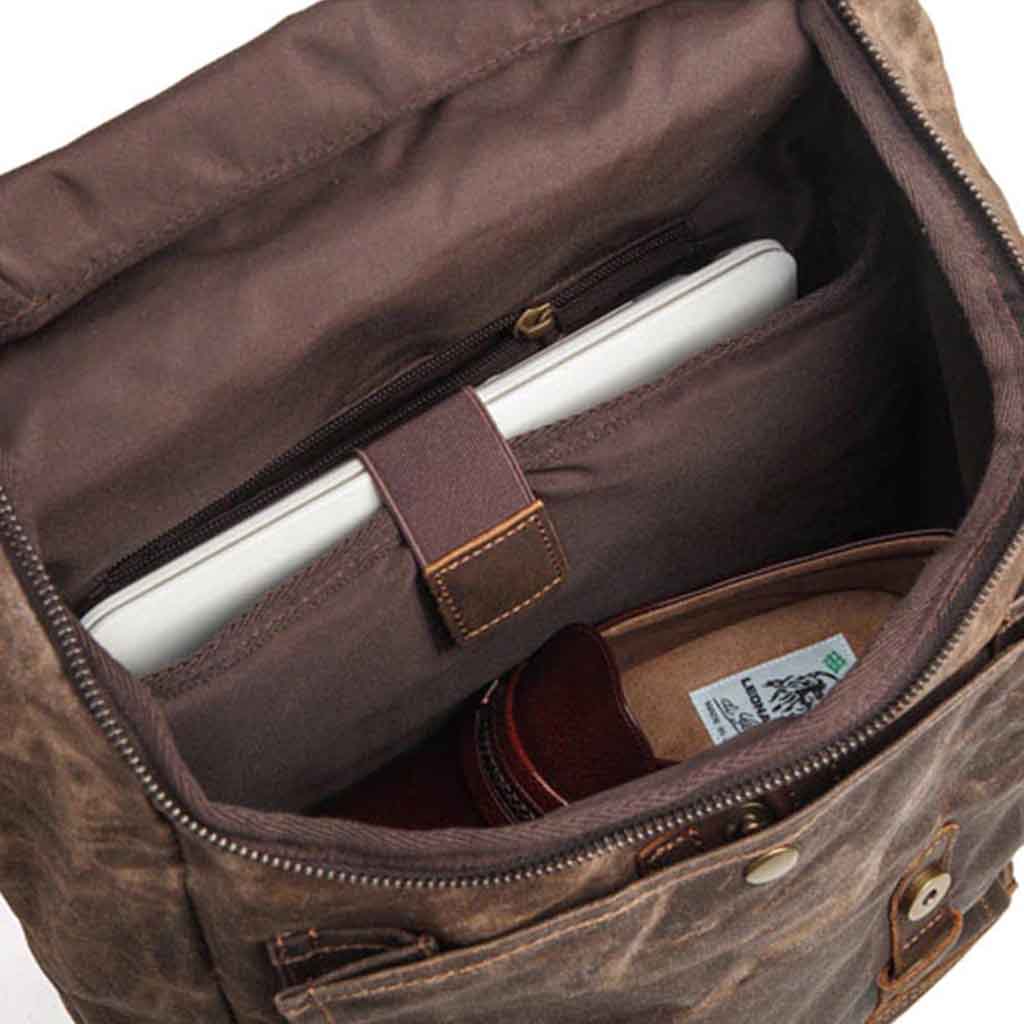 Mochila Lona Café Tirantes Cuero Notebook