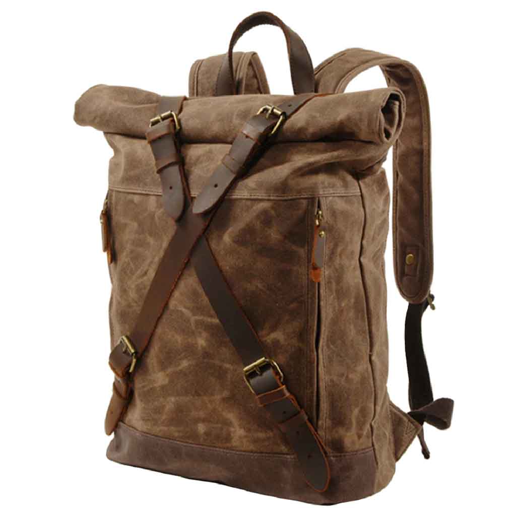 Mochila Lona Viajera Con Cruz en Cuero Modelo Café