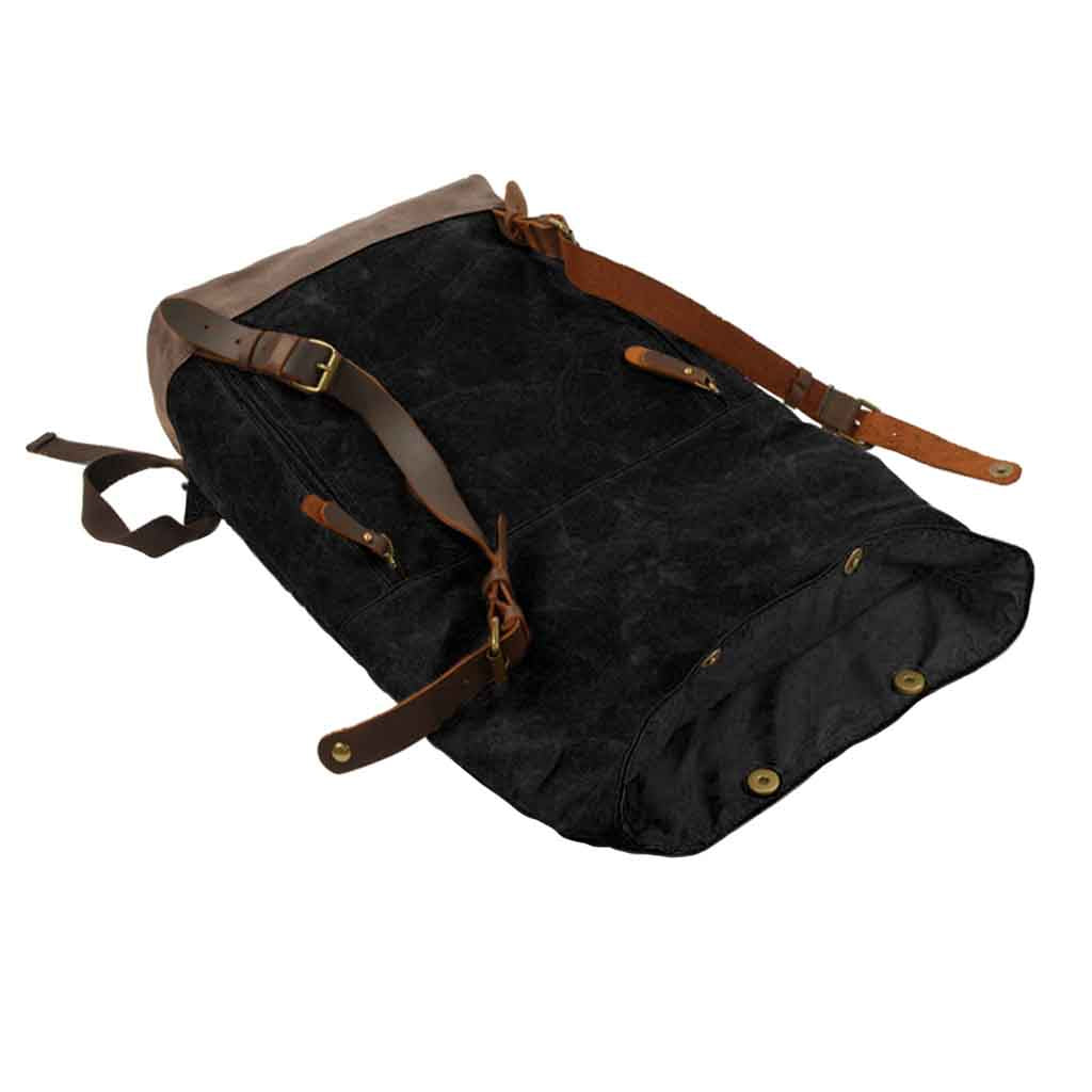Mochila De Lona color Negro con correas de Cuero Cruzadas