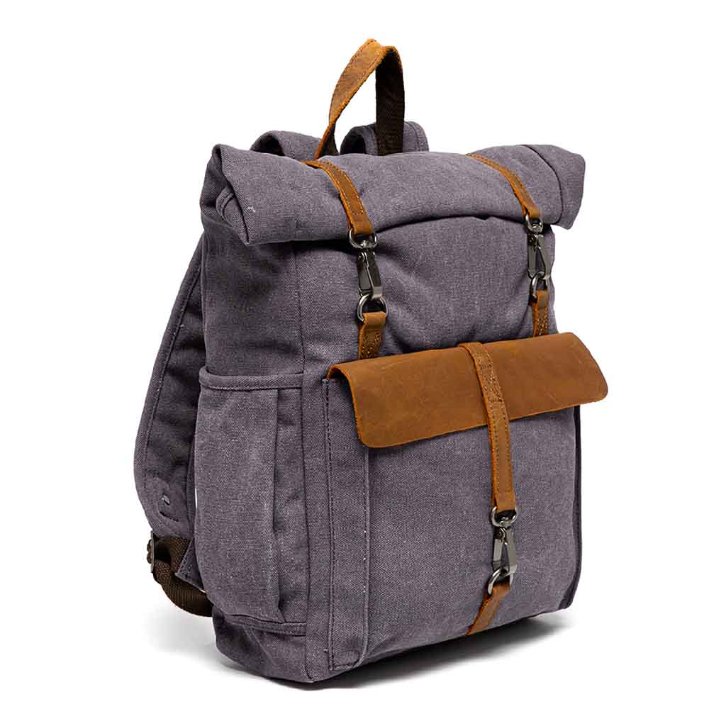 Mochila de Lona y Cuero Doblez Superior Ganchos