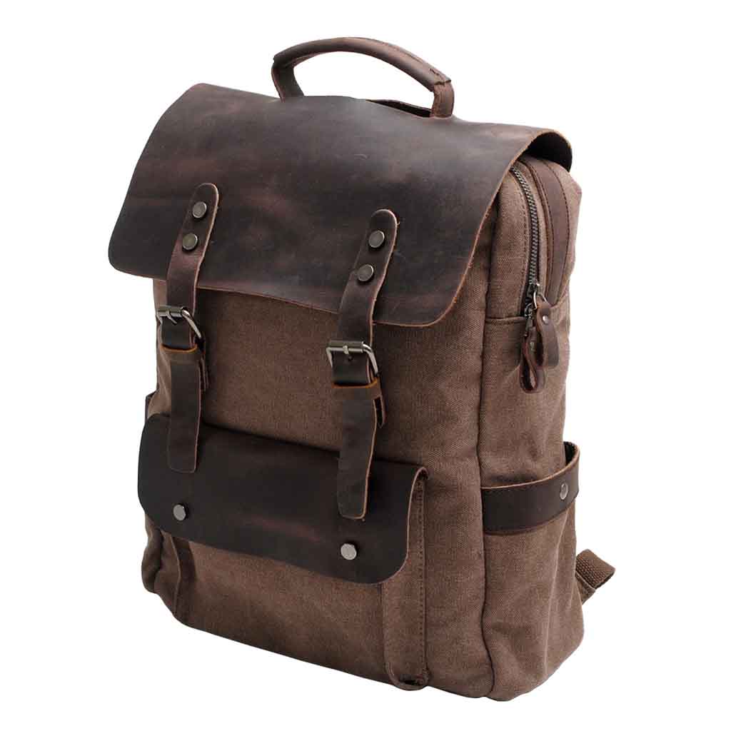 Mochila de Lona y Cuero Café Vintage con hebillas