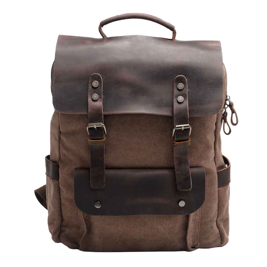 Mochila de Lona y Cuero Café Vintage con hebillas