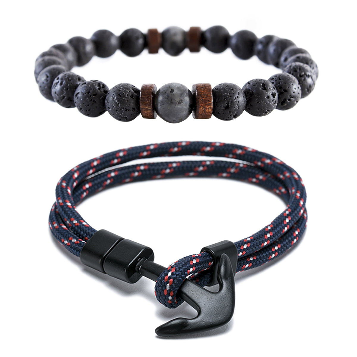 Pack 2 Pulsera Piedra Volcánica y Larvikita y Pulsera Outdoor Náutica con Ancla