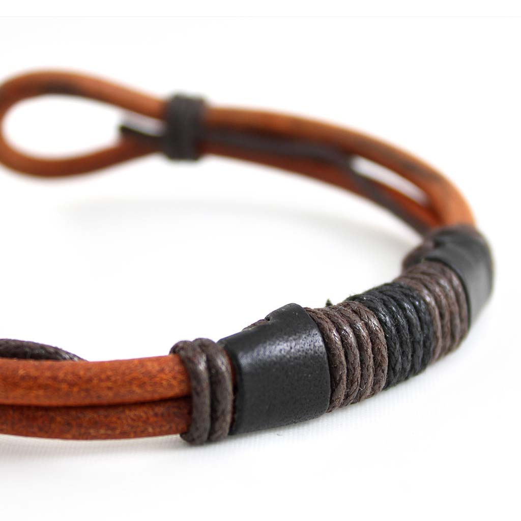 Pulseras de Cuero Naranja Hombre Mujer Brazalete Hilos Negro