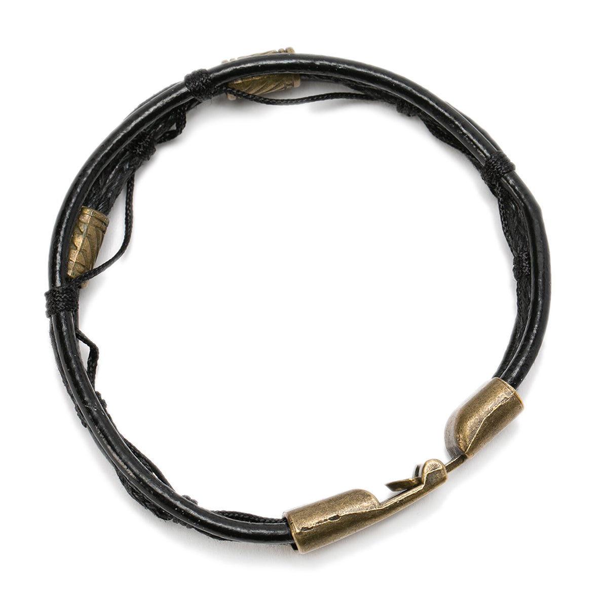 Pack 2 Pulsera Cuero Negro con dije bronce y pulsera cuero trenzado negro